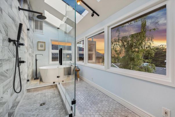 Bathroom, Free Standing Baths, Glass Shower, Interior, Marble Walls