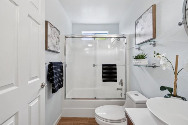 Bathroom, Glass Shower, Interior, Wood Texture Flooring