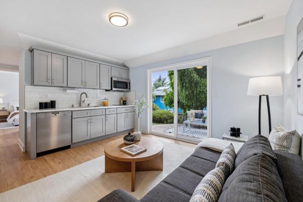Interior, Kitchen, Living room, Stainless Steel Appliances, Wood Texture Flooring