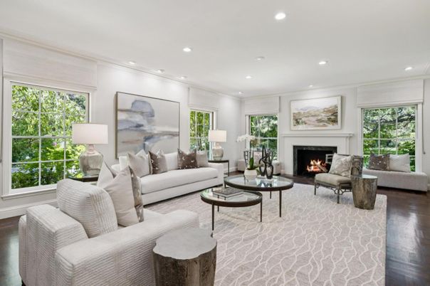 Fireplace, Interior, Living room, Recessed Lighting, Wood Texture Flooring