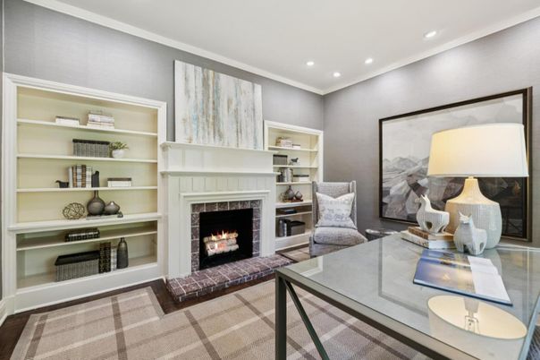 Fireplace, Home Office, Interior, Recessed Lighting, Wood Texture Flooring