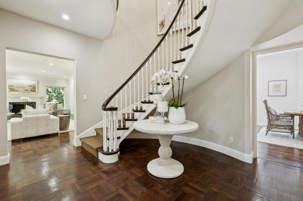 Dining room, Fireplace, Interior, Living room, Recessed Lighting, Wood Texture Flooring