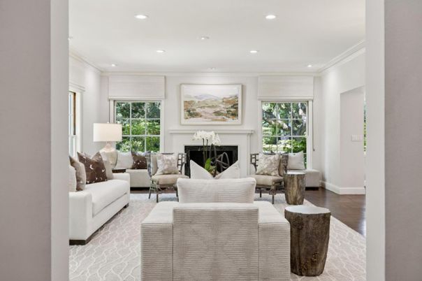 Fireplace, Interior, Living room, Recessed Lighting, Wood Texture Flooring
