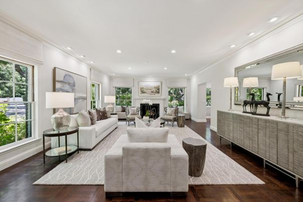 Fireplace, Interior, Living room, Recessed Lighting, Wood Texture Flooring