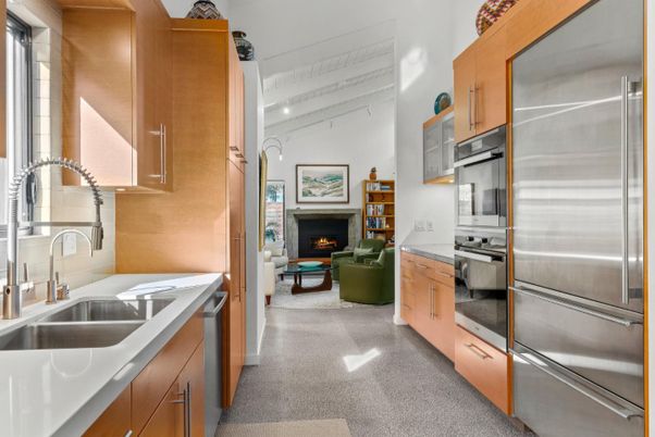 Fireplace, Interior, Kitchen, Living room, Stainless Steel Appliances