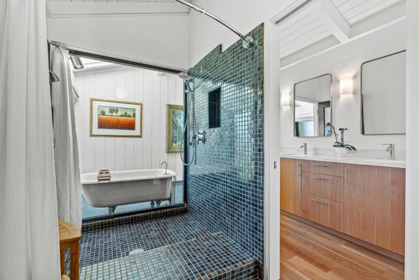 Bathroom, Dual Sink Vanities, Free Standing Baths, Glass Shower, Interior, Wood Texture Flooring