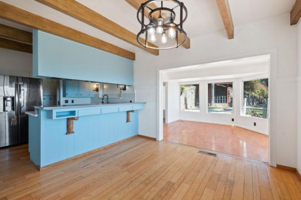 Empty room, Interior, Kitchen, Wooden Beams, Wood Texture Flooring