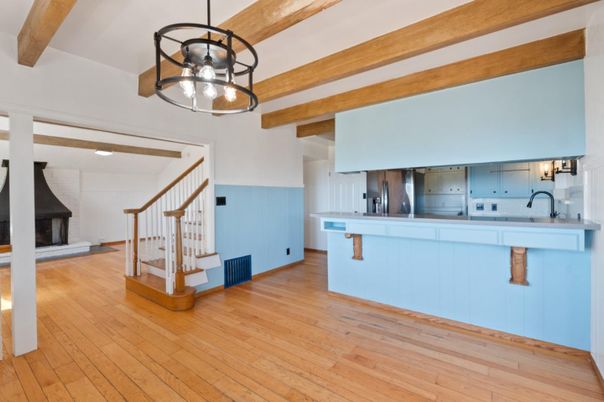 Interior, Kitchen, Pendant Lights, Recessed Lighting, Stainless Steel Appliances, Wooden Beams, Wood Texture Flooring
