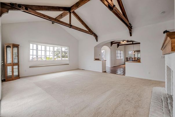 Chandelier, Empty room, Fireplace, Interior, Wooden Beams