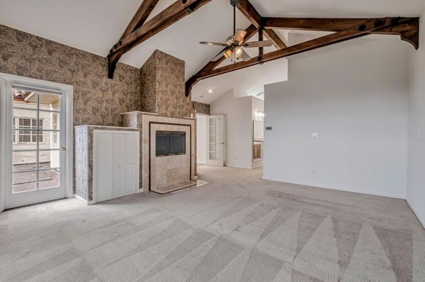 Empty room, Fireplace, Interior, Stone Walls, Wooden Beams