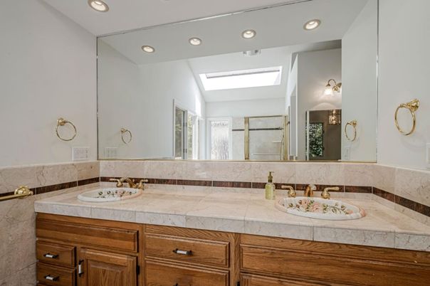 Bathroom, Dual Sink Vanities, Interior, Recessed Lighting, Tile Countertops