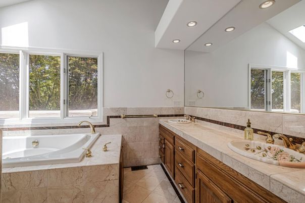 Bathroom, Dual Sink Vanities, Interior, Recessed Lighting, Tile Countertops