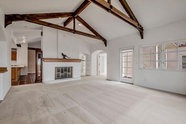 Empty room, Fireplace, Interior, Recessed Lighting, Wooden Beams