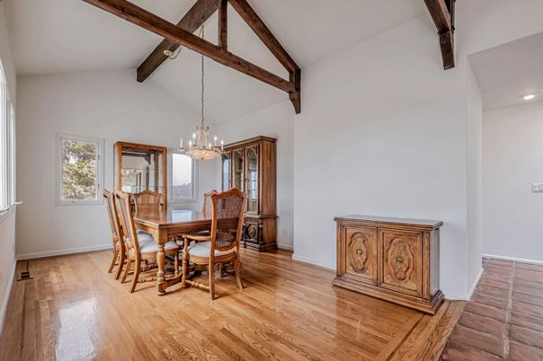 Chandelier, Dining room, Interior, Recessed Lighting, Wooden Beams, Wood Texture Flooring