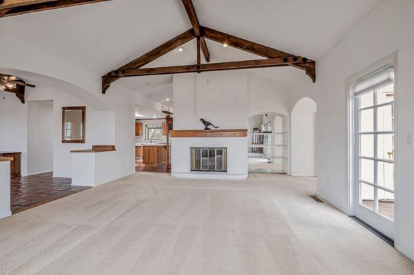 Empty room, Fireplace, Interior, Kitchen, Recessed Lighting, Wooden Beams