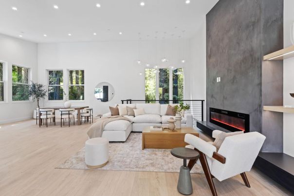 Dining room, Fireplace, Interior, Living room, Pendant Lights, Recessed Lighting, Wood Texture Flooring