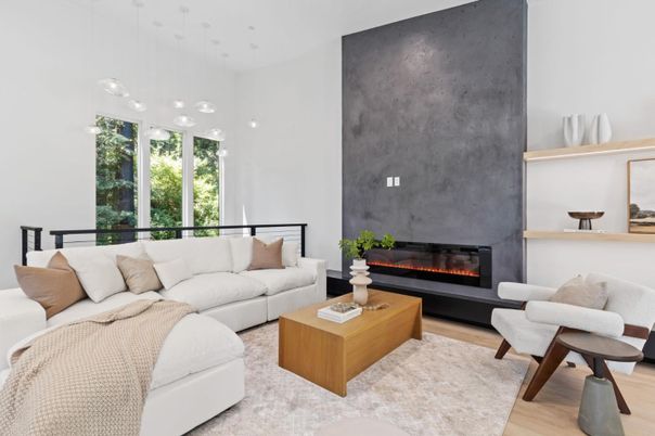 Fireplace, Interior, Living room, Pendant Lights, Wood Texture Flooring