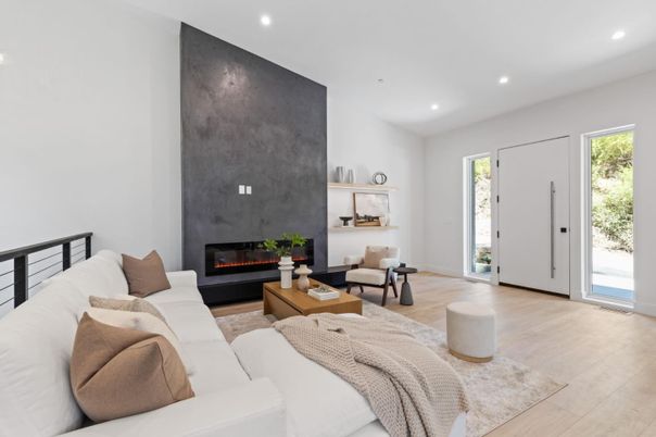 Fireplace, Interior, Living room, Recessed Lighting, Wood Texture Flooring