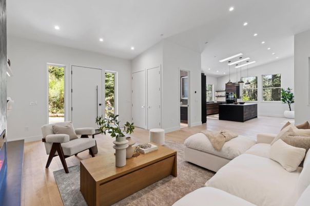 Interior, Kitchen, Living room, Pendant Lights, Recessed Lighting, Stainless Steel Appliances, Wood Texture Flooring