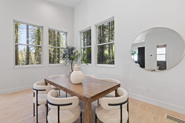 Dining room, Interior, Recessed Lighting, Wood Texture Flooring