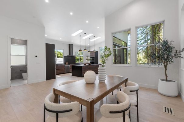 Dining room, Interior, Kitchen, Pendant Lights, Recessed Lighting, Wood Texture Flooring