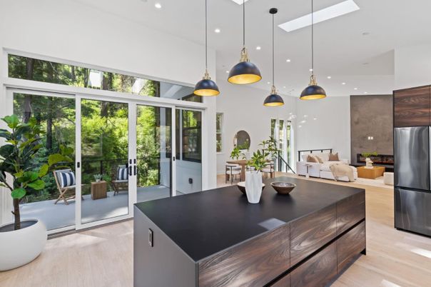 Interior, Kitchen, Living room, Pendant Lights, Recessed Lighting, Stainless Steel Appliances, Wood Texture Flooring