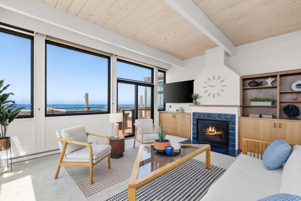 Fireplace, Interior, Living room, Water, Wooden Ceilings