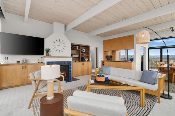 Fireplace, Interior, Living room, Pendant Lights, Water, Wooden Ceilings