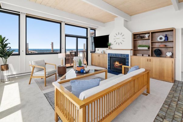 Fireplace, Interior, Living room, Water, Wooden Ceilings