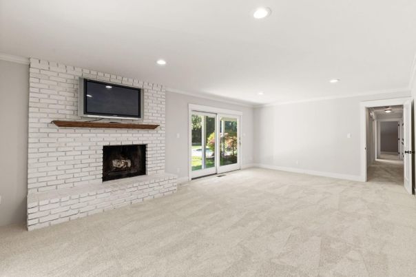 Empty room, Fireplace, Interior, Recessed Lighting, Stone Walls