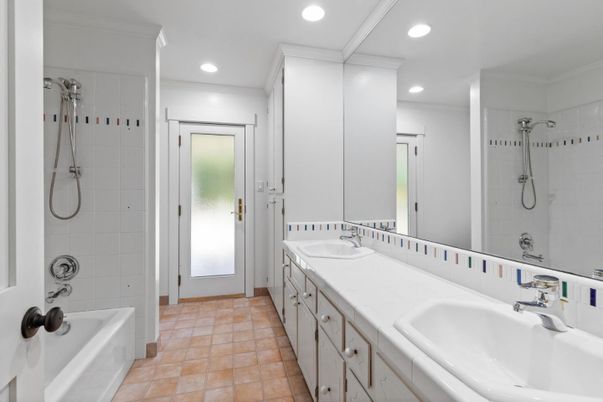 Bathroom, Dual Sink Vanities, Interior, Recessed Lighting, Tile Countertops