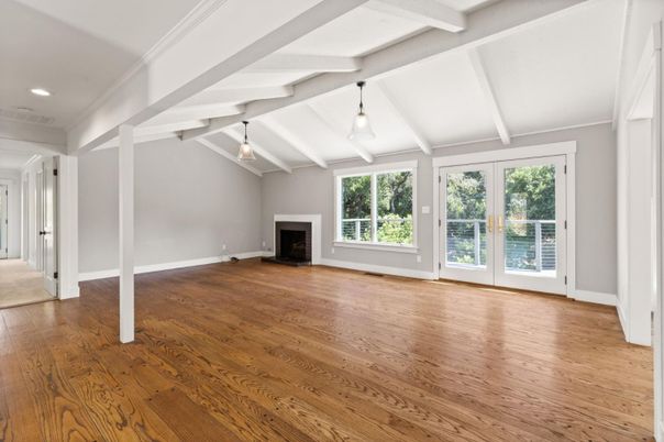 Empty room, Fireplace, Interior, Pendant Lights, Recessed Lighting, Wood Texture Flooring