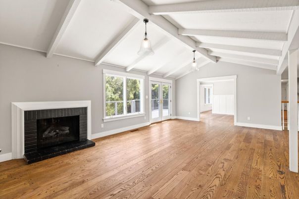 Empty room, Fireplace, Interior, Pendant Lights, Wood Texture Flooring
