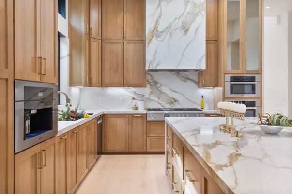 Interior, Kitchen, Marble Walls, Wood Texture Flooring
