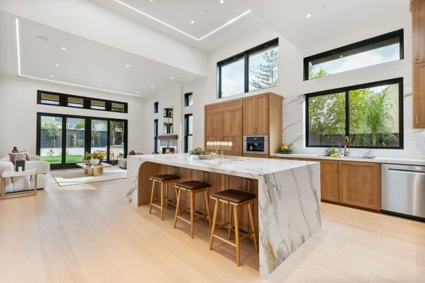 Interior, Kitchen, Living room, Marble Walls, Recessed Lighting, Stainless Steel Appliances, Wood Texture Flooring