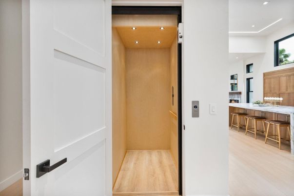 Elevator, Interior, Recessed Lighting, Wooden Ceilings, Wood Texture Flooring, Wooden Walls