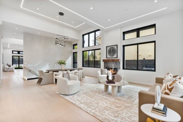 Dining room, Fireplace, Interior, Living room, Pendant Lights, Recessed Lighting, Wood Texture Flooring