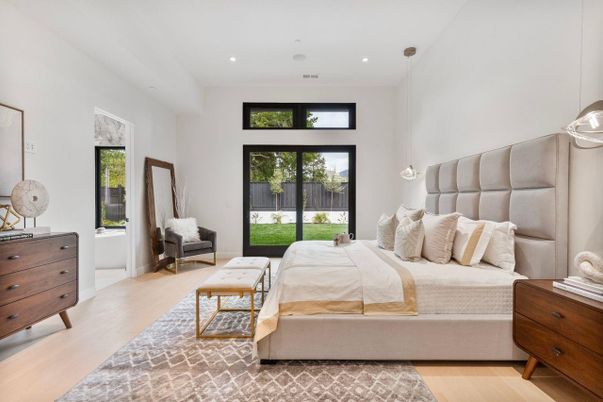 Bedroom, Interior, Pendant Lights, Recessed Lighting, Wood Texture Flooring