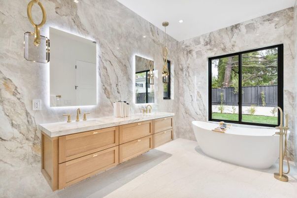 Bathroom, Dual Sink Vanities, Free Standing Baths, Interior, Marble, Marble Walls, Recessed Lighting