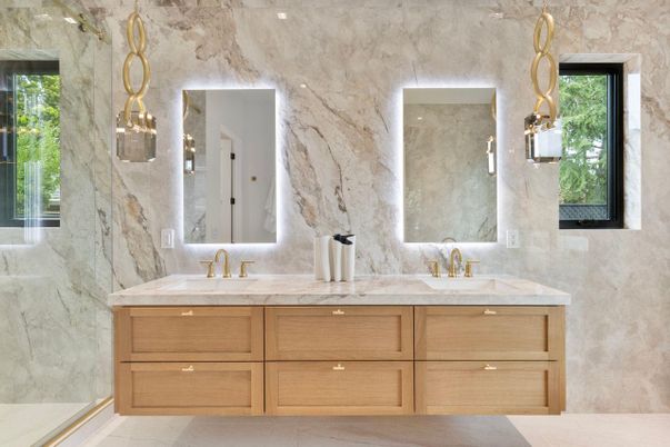 Bathroom, Dual Sink Vanities, Glass Shower, Interior, Marble Walls, Pendant Lights