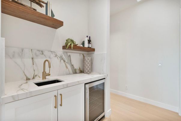 Interior, Kitchen, Marble Walls, Wood Texture Flooring