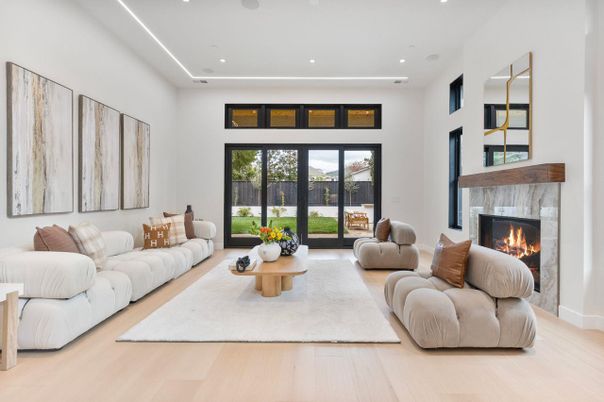 Fireplace, Interior, Living room, Recessed Lighting, Wood Texture Flooring