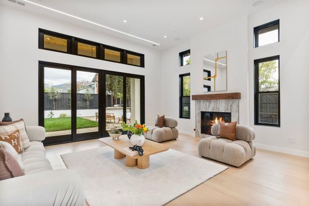 Fireplace, Interior, Living room, Recessed Lighting, Wood Texture Flooring