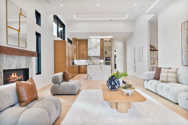 Fireplace, Interior, Kitchen, Living room, Marble Walls, Recessed Lighting, Wood Texture Flooring