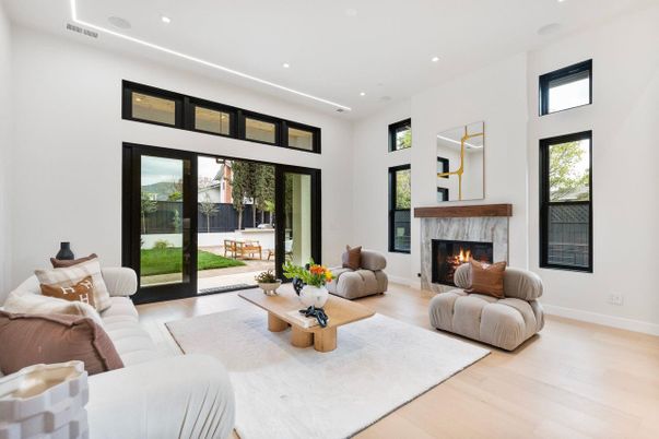 Fireplace, Interior, Living room, Recessed Lighting, Wood Texture Flooring