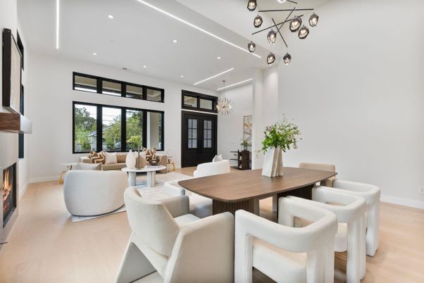 Dining room, Fireplace, Interior, Living room, Pendant Lights, Recessed Lighting, Wood Texture Flooring
