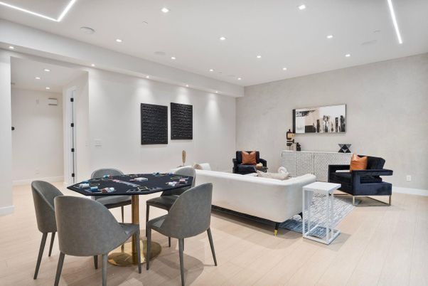 Dining room, Interior, Living room, Recessed Lighting, Wood Texture Flooring