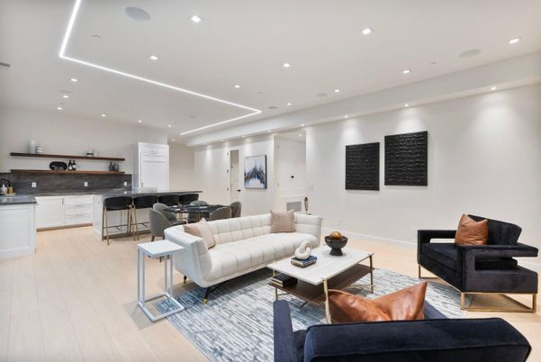 Dining room, Interior, Kitchen, Living room, Recessed Lighting, Wood Texture Flooring