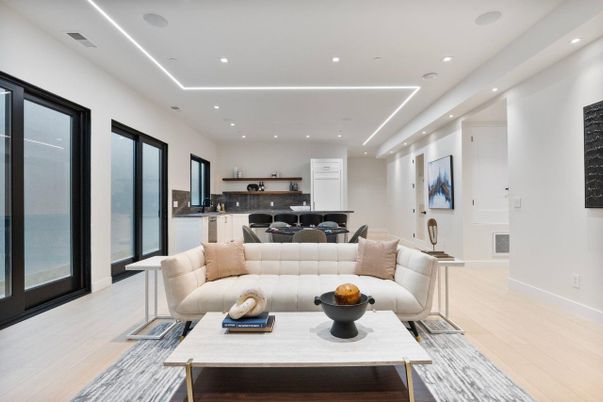 Dining room, Interior, Kitchen, Living room, Recessed Lighting, Wood Texture Flooring