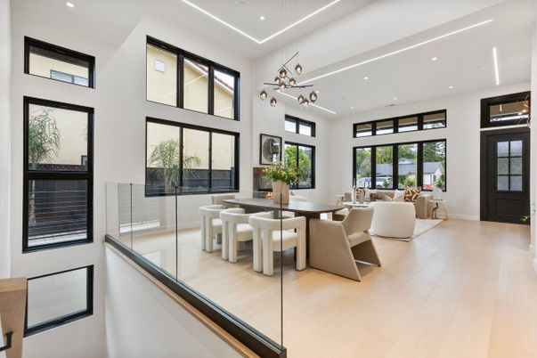 Dining room, Interior, Living room, Pendant Lights, Recessed Lighting, Wood Texture Flooring
